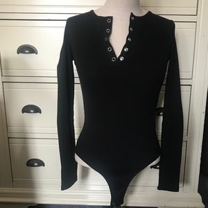 Black Ribbed Bodysuit With Buttons